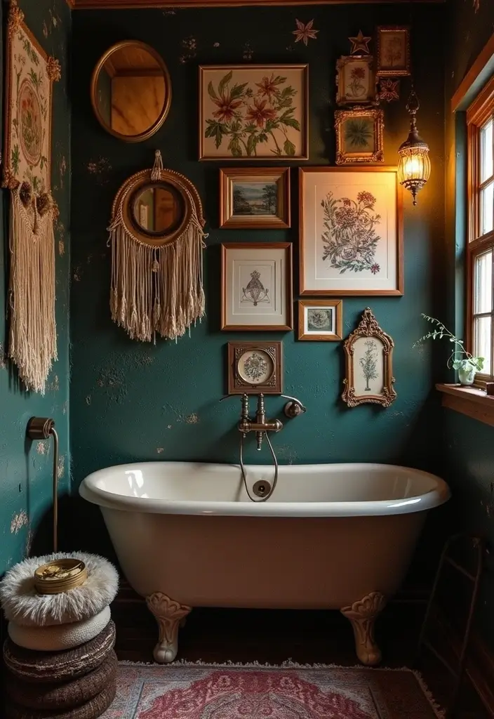 28 Dark Boho Bathroom Designs With Moody Vibes 9 28 Dark Boho Bathroom Designs With Moody Vibes - 8. Eclectic Wall Art
