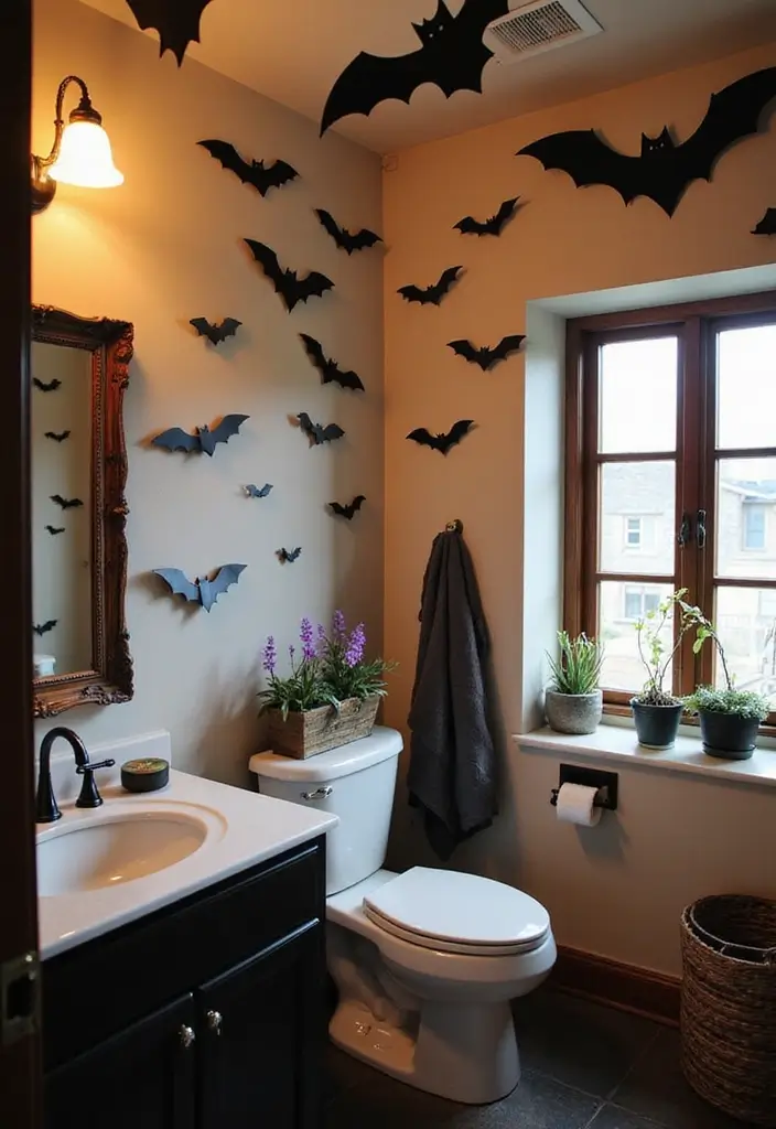 28 Halloween Bathroom Ideas That Are Spooky and Fun 15 28 Halloween Bathroom Ideas That Are Spooky and Fun - 14. Boo-tiful Bat Decor