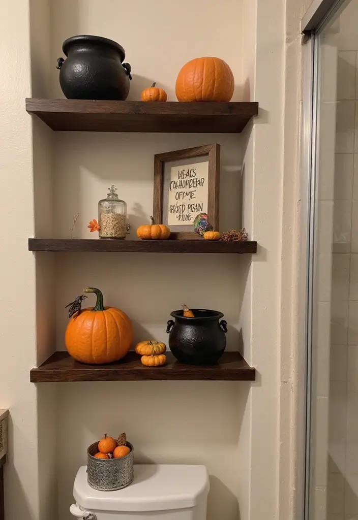 28 Halloween Bathroom Ideas That Are Spooky and Fun 28 28 Halloween Bathroom Ideas That Are Spooky and Fun - 27. Charming Seasonal Shelf Decor