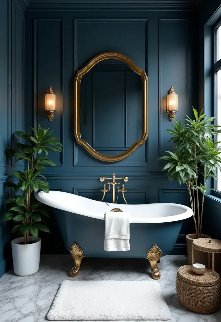 28 Navy Gold Bathroom Designs That Feel Luxe and Balanced 2 28 Navy Gold Bathroom Designs That Feel Luxe and Balanced - 1. Bold Navy Walls with Gold Trim