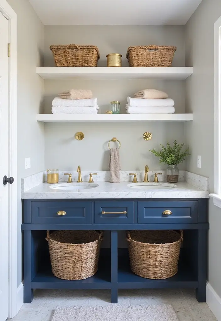 28 Navy Gold Bathroom Designs That Feel Luxe and Balanced 11 28 Navy Gold Bathroom Designs That Feel Luxe and Balanced - 10. Navy and Gold Storage Solutions