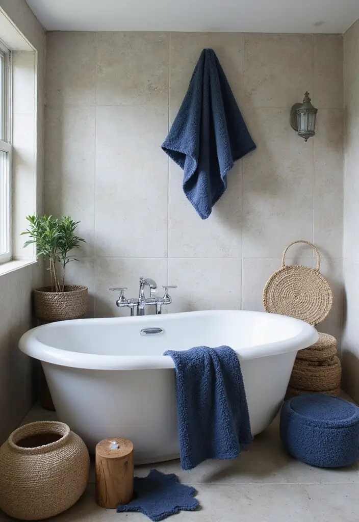 28 Navy Gold Bathroom Designs That Feel Luxe and Balanced 12 28 Navy Gold Bathroom Designs That Feel Luxe and Balanced - 11. Textured Navy Accents