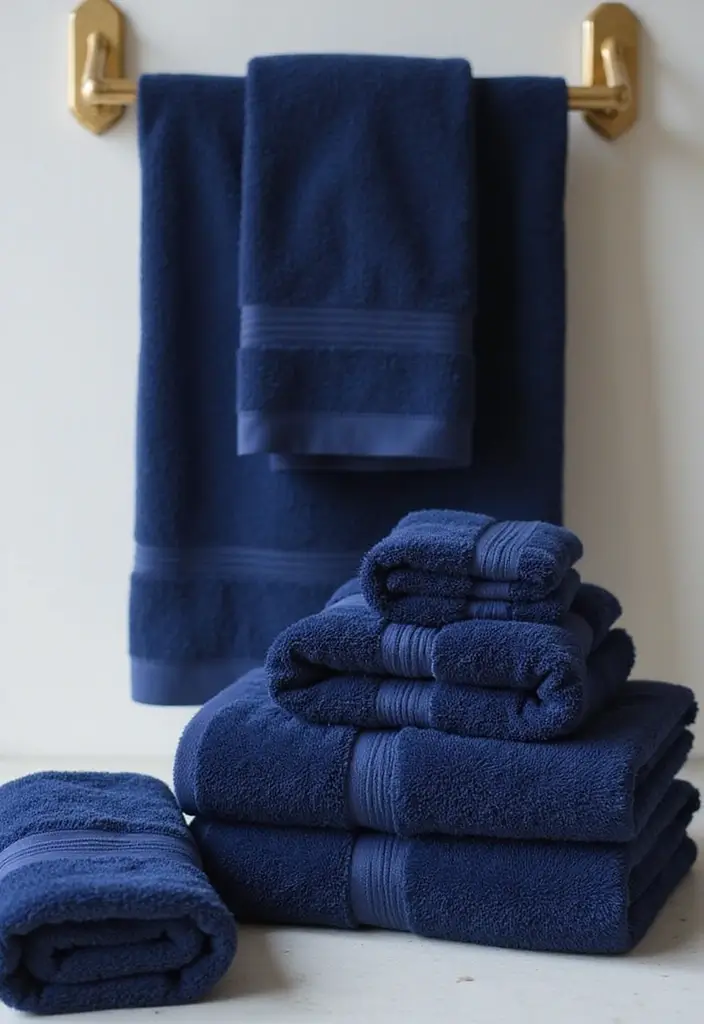 28 Navy Gold Bathroom Designs That Feel Luxe and Balanced 13 28 Navy Gold Bathroom Designs That Feel Luxe and Balanced - 12. Luxurious Navy Towels