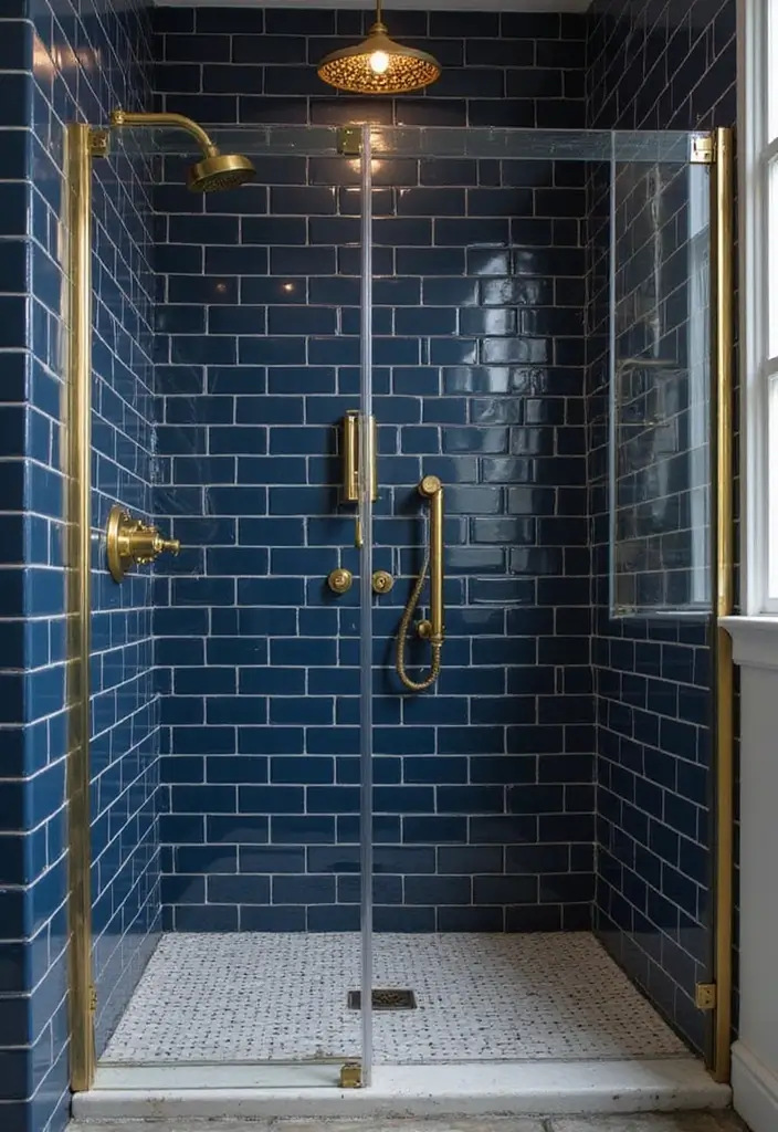 28 Navy Gold Bathroom Designs That Feel Luxe and Balanced 15 28 Navy Gold Bathroom Designs That Feel Luxe and Balanced - 14. Navy Blue Shower Tiles