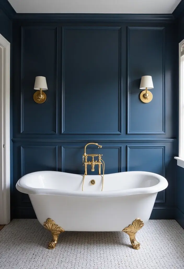 28 Navy Gold Bathroom Designs That Feel Luxe and Balanced 16 28 Navy Gold Bathroom Designs That Feel Luxe and Balanced - 15. Navy Blue Paint with Gold Accents
