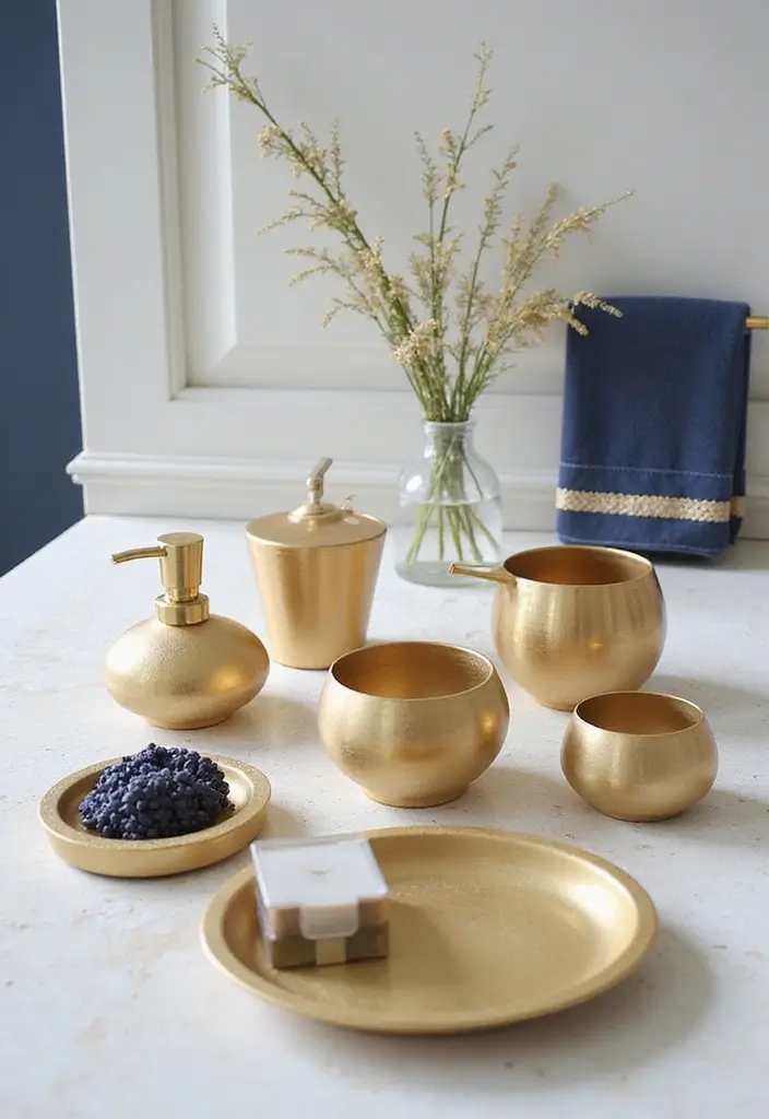 28 Navy Gold Bathroom Designs That Feel Luxe and Balanced 17 28 Navy Gold Bathroom Designs That Feel Luxe and Balanced - 16. Gold Accents in Bath Accessories