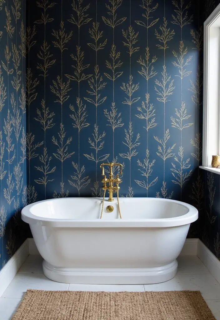 28 Navy Gold Bathroom Designs That Feel Luxe and Balanced 19 28 Navy Gold Bathroom Designs That Feel Luxe and Balanced - 18. Navy and Gold Wallpaper