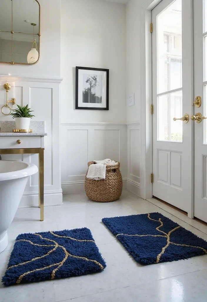 28 Navy Gold Bathroom Designs That Feel Luxe and Balanced 20 28 Navy Gold Bathroom Designs That Feel Luxe and Balanced - 19. Navy and Gold Bath Mats