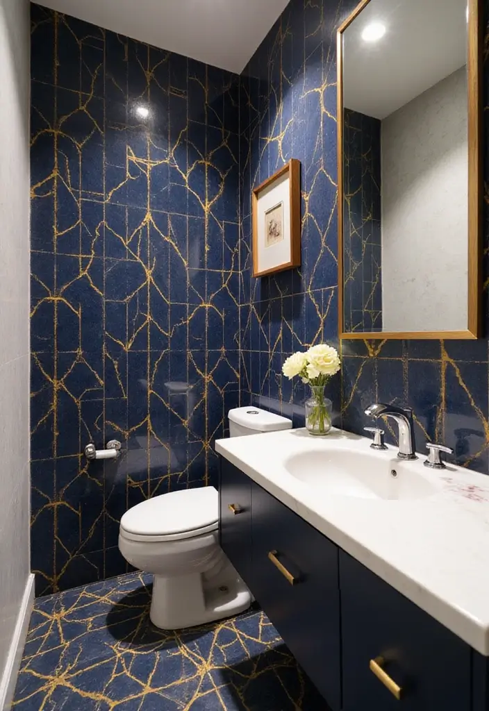 28 Navy Gold Bathroom Designs That Feel Luxe and Balanced 3 28 Navy Gold Bathroom Designs That Feel Luxe and Balanced - 2. Navy and Gold Tile Patterns