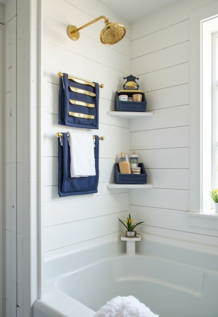 28 Navy Gold Bathroom Designs That Feel Luxe and Balanced 21 28 Navy Gold Bathroom Designs That Feel Luxe and Balanced - 20. Navy and Gold Shower Caddies