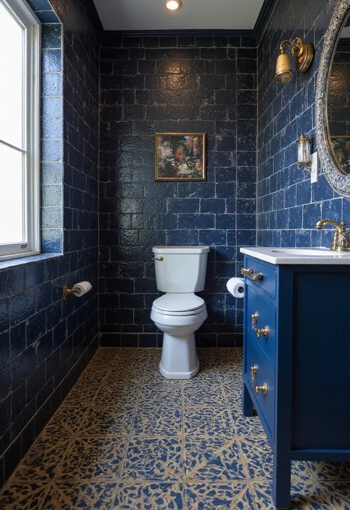 28 Navy Gold Bathroom Designs That Feel Luxe and Balanced 22 28 Navy Gold Bathroom Designs That Feel Luxe and Balanced - 21. Navy Blue Grout with Gold Tiles