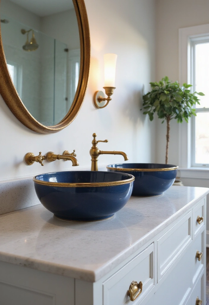 28 Navy Gold Bathroom Designs That Feel Luxe and Balanced 23 28 Navy Gold Bathroom Designs That Feel Luxe and Balanced - 22. Decorative Navy and Gold Bowls