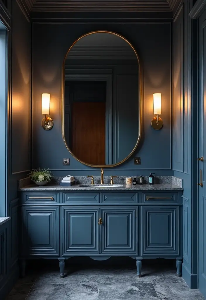 28 Navy Gold Bathroom Designs That Feel Luxe and Balanced 24 28 Navy Gold Bathroom Designs That Feel Luxe and Balanced - 23. Navy and Gold Wall Sconces