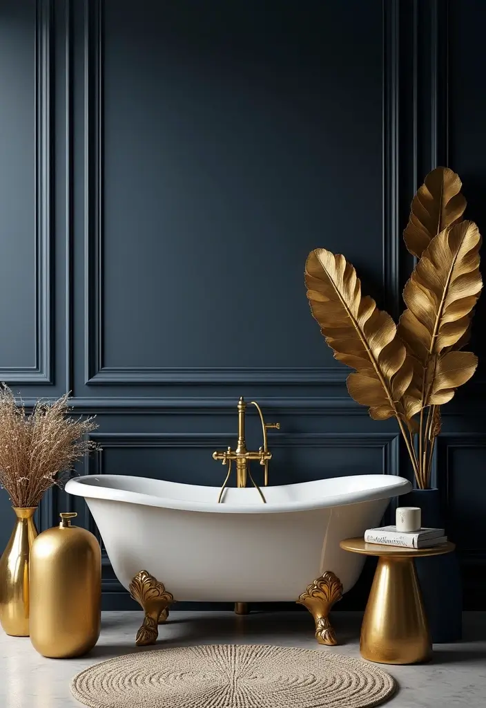 28 Navy Gold Bathroom Designs That Feel Luxe and Balanced 26 28 Navy Gold Bathroom Designs That Feel Luxe and Balanced - 25. Gold Leaf Decor