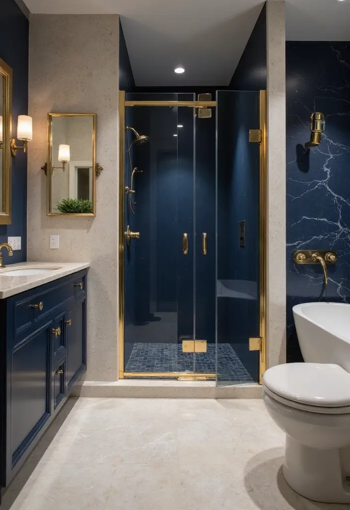 28 Navy Gold Bathroom Designs That Feel Luxe and Balanced 27 28 Navy Gold Bathroom Designs That Feel Luxe and Balanced - 26. Dual-tone Navy and Gold Shower Doors