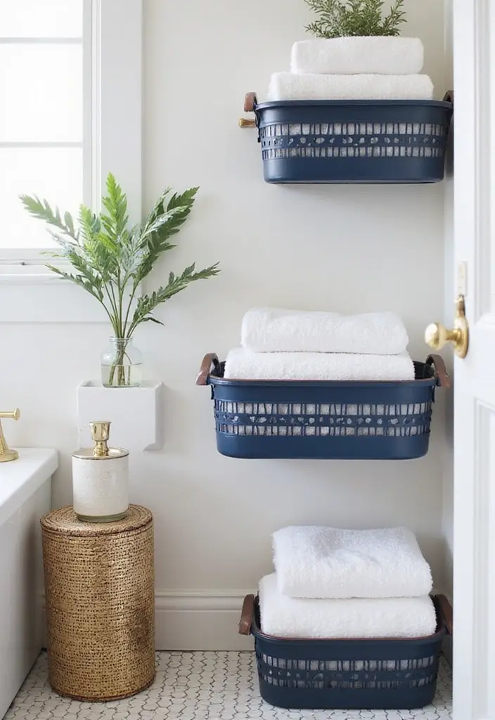 28 Navy Gold Bathroom Designs That Feel Luxe and Balanced 28 28 Navy Gold Bathroom Designs That Feel Luxe and Balanced - 27. Stylish Bath Baskets