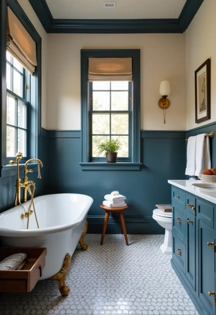 28 Navy Gold Bathroom Designs That Feel Luxe and Balanced 29 28 Navy Gold Bathroom Designs That Feel Luxe and Balanced - 28. Transitional Navy and Gold Design