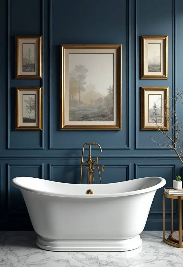 28 Navy Gold Bathroom Designs That Feel Luxe and Balanced 6 28 Navy Gold Bathroom Designs That Feel Luxe and Balanced - 5. Elegant Wall Art