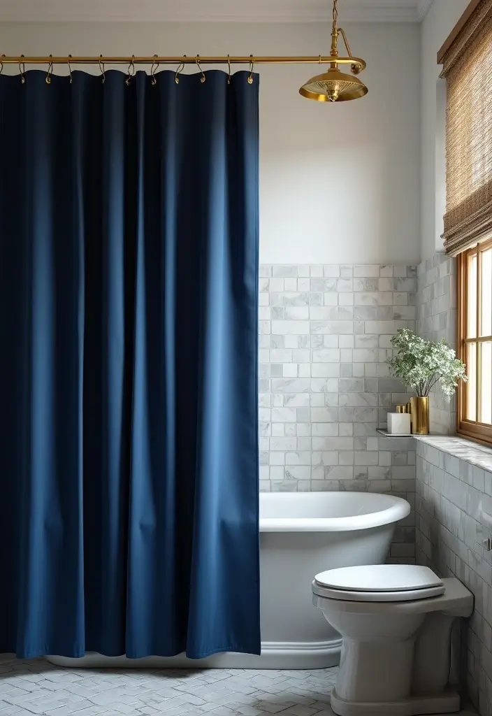 28 Navy Gold Bathroom Designs That Feel Luxe and Balanced 7 28 Navy Gold Bathroom Designs That Feel Luxe and Balanced - 6. Navy Blue Shower Curtains