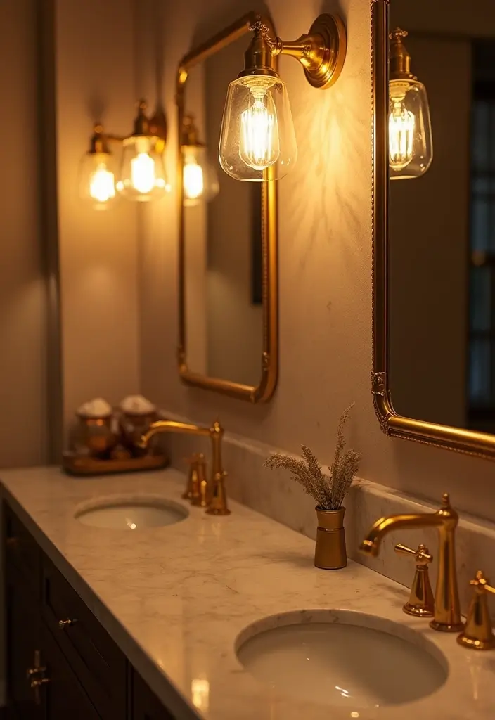 28 Navy Gold Bathroom Designs That Feel Luxe and Balanced 8 28 Navy Gold Bathroom Designs That Feel Luxe and Balanced - 7. Gold Lighting Fixtures