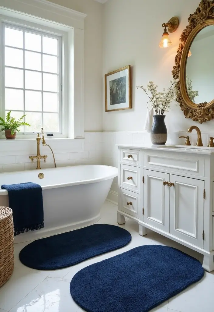 28 Navy Gold Bathroom Designs That Feel Luxe and Balanced 9 28 Navy Gold Bathroom Designs That Feel Luxe and Balanced - 8. Navy Blue Accent Rugs