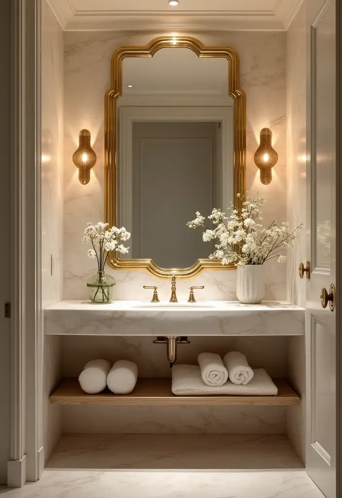 28 Navy Gold Bathroom Designs That Feel Luxe and Balanced 10 28 Navy Gold Bathroom Designs That Feel Luxe and Balanced - 9. Gold Accented Mirrors