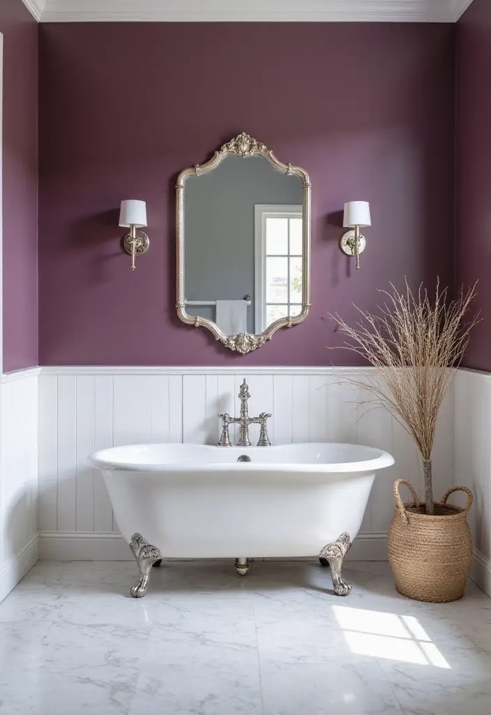 28 Plum Bathroom Ideas With Deep Luxurious Tones 2 28 Plum Bathroom Ideas With Deep Luxurious Tones - 1. Deep Plum Feature Wall
