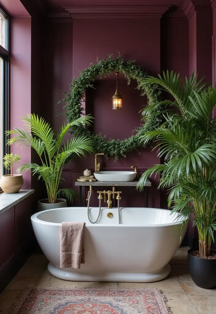 28 Plum Bathroom Ideas With Deep Luxurious Tones 22 28 Plum Bathroom Ideas With Deep Luxurious Tones - 21. Plum and Greenery