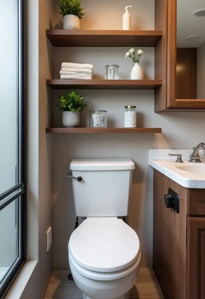 28 RV Bathroom Remodel Ideas That Save Space 2 28 RV Bathroom Remodel Ideas That Save Space - 1. Floating Shelves for Storage