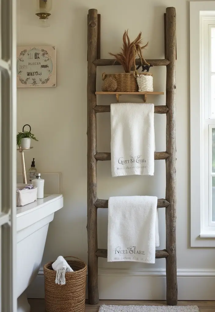 28 Whimsical Bathroom Ideas That Feel Magical 26 28 Whimsical Bathroom Ideas That Feel Magical - 25. Charming Storage Ladder