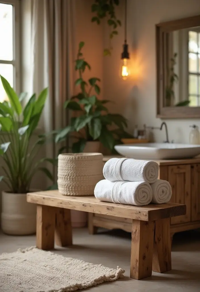 29 Bathroom Bench Ideas That Add Comfort and Functionality 2 29 Bathroom Bench Ideas That Add Comfort and Functionality - 1. Rustic Wooden Bench