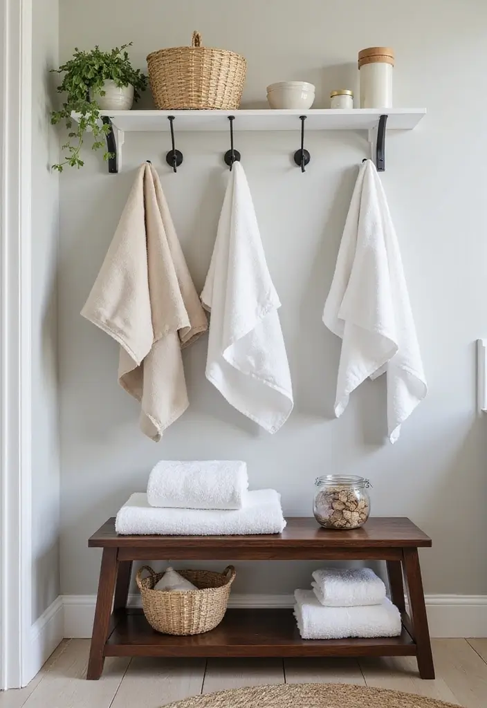 29 Bathroom Bench Ideas That Add Comfort and Functionality 11 29 Bathroom Bench Ideas That Add Comfort and Functionality - 10. Bench with Hooks