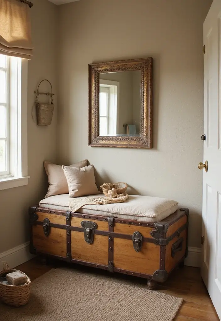 29 Bathroom Bench Ideas That Add Comfort and Functionality 13 29 Bathroom Bench Ideas That Add Comfort and Functionality - 12. Vintage Trunk Bench