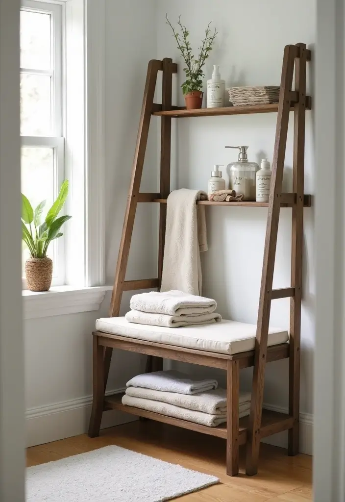29 Bathroom Bench Ideas That Add Comfort and Functionality 17 29 Bathroom Bench Ideas That Add Comfort and Functionality - 16. Storage Ladder Bench