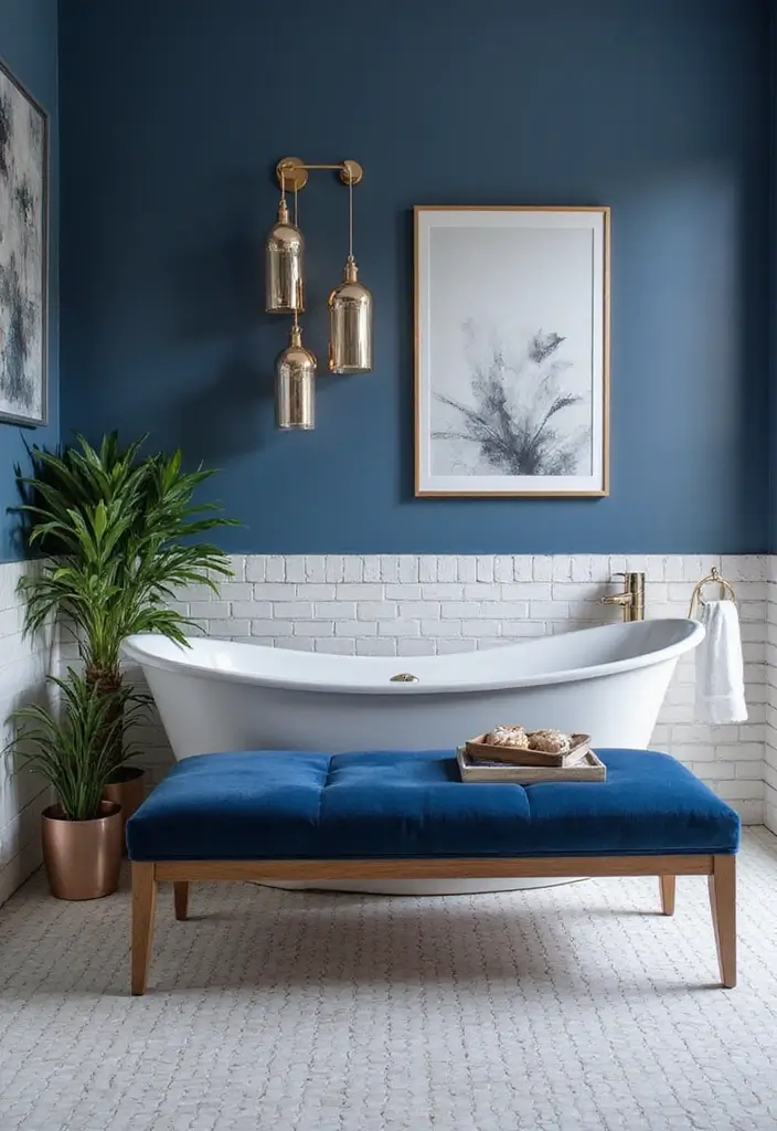 29 Bathroom Bench Ideas That Add Comfort and Functionality 19 29 Bathroom Bench Ideas That Add Comfort and Functionality - 18. Navy Blue Accent Bench