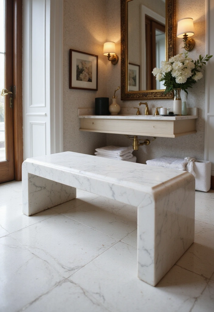 29 Bathroom Bench Ideas That Add Comfort and Functionality 22 29 Bathroom Bench Ideas That Add Comfort and Functionality - 21. Elegant Marble Bench