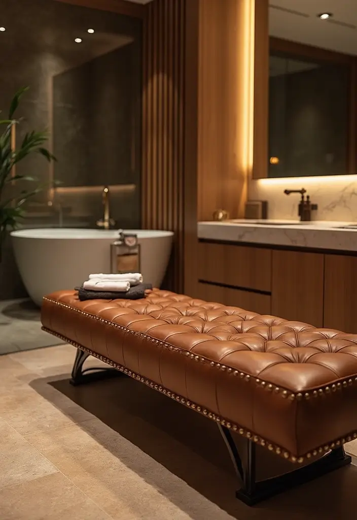 29 Bathroom Bench Ideas That Add Comfort and Functionality 27 29 Bathroom Bench Ideas That Add Comfort and Functionality - 26. Elegant Leather Bench