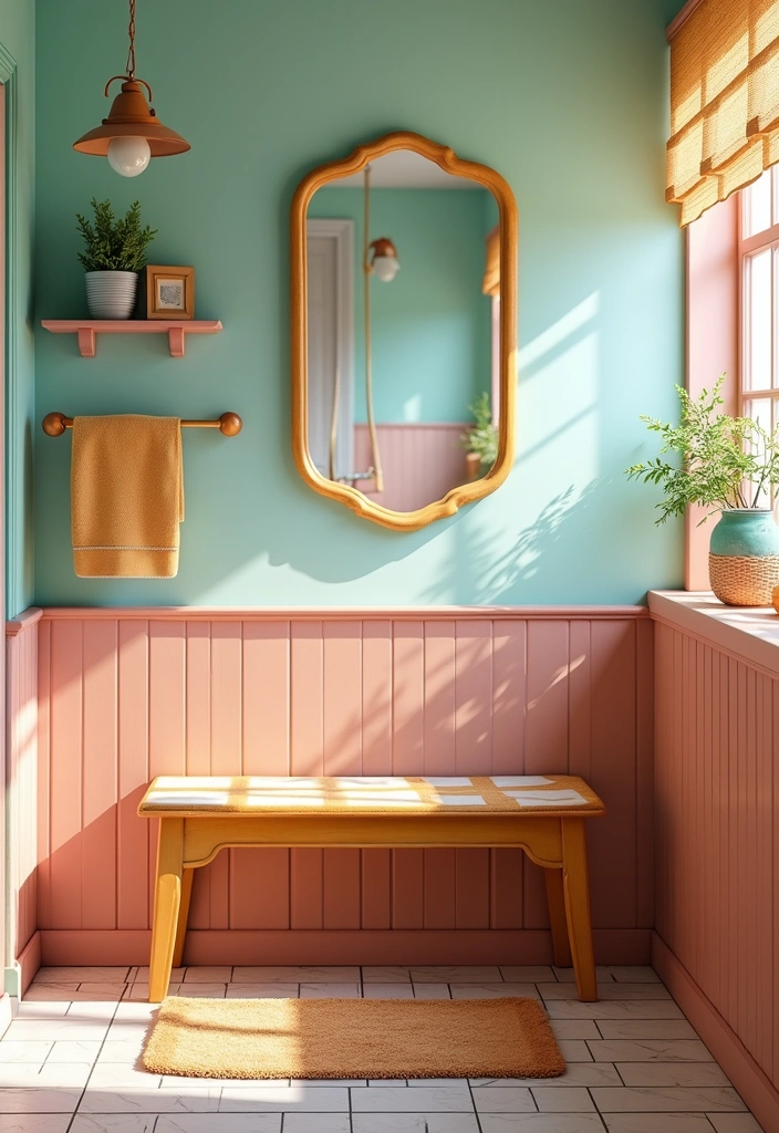 29 Bathroom Bench Ideas That Add Comfort and Functionality 30 29 Bathroom Bench Ideas That Add Comfort and Functionality - 29. Retro Style Bench