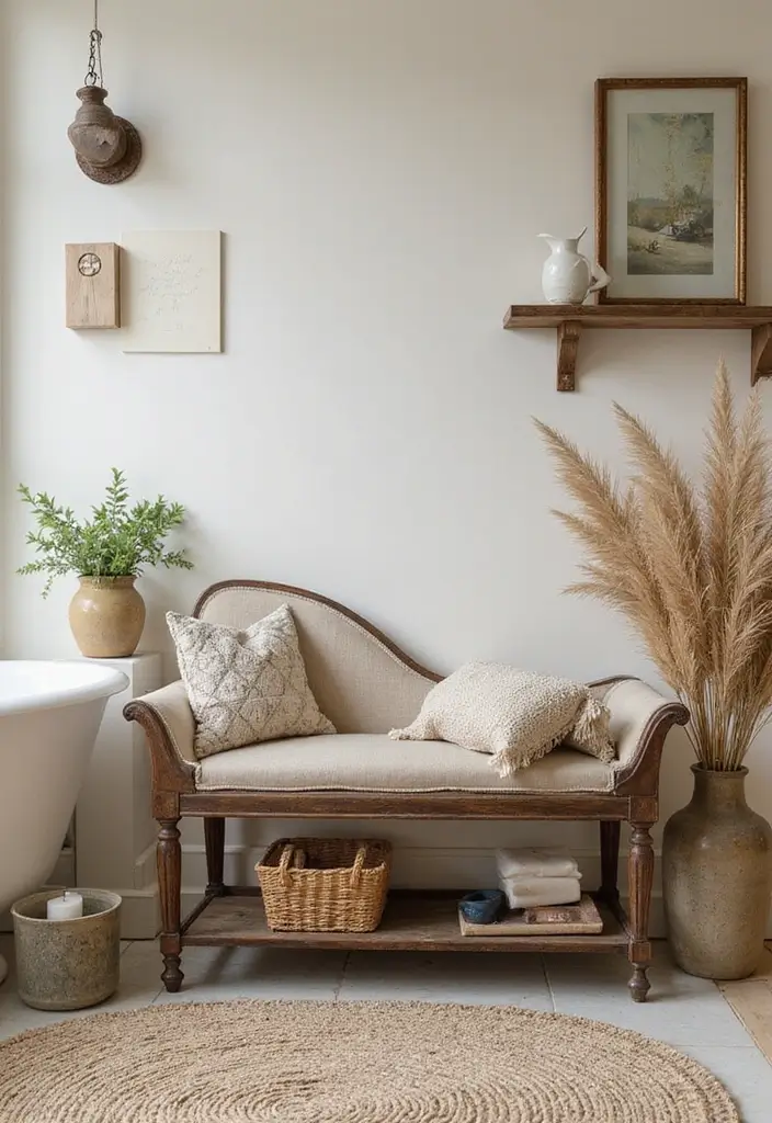 29 Bathroom Bench Ideas That Add Comfort and Functionality 4 29 Bathroom Bench Ideas That Add Comfort and Functionality - 3. Vintage Chic Bench