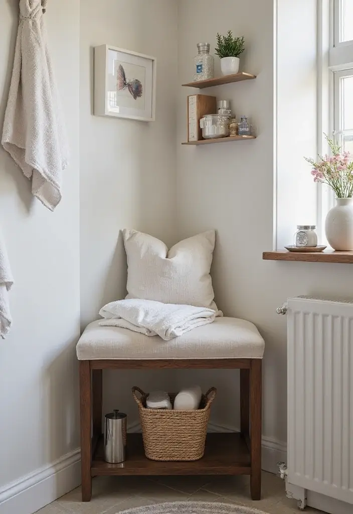29 Bathroom Bench Ideas That Add Comfort and Functionality 8 29 Bathroom Bench Ideas That Add Comfort and Functionality - 7. Compact Corner Bench