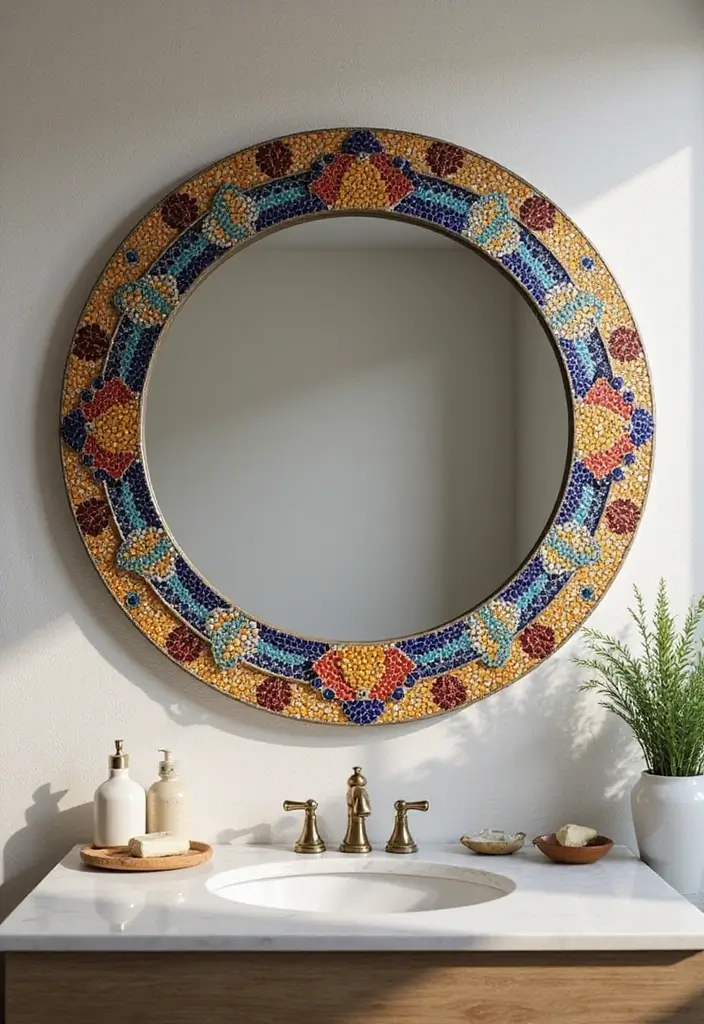 29 Bathroom Circle Mirror Designs That Feel Minimal - 12. Mosaic Circle Mirror