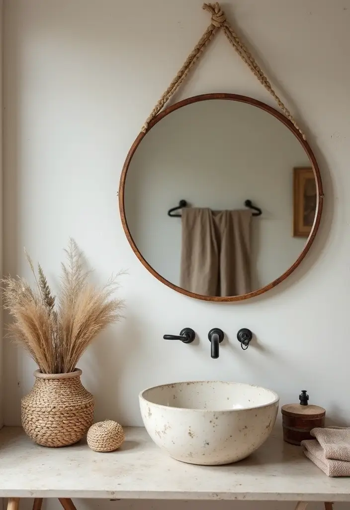29 Bathroom Circle Mirror Designs That Feel Minimal - 24. Hanging Circle Mirror