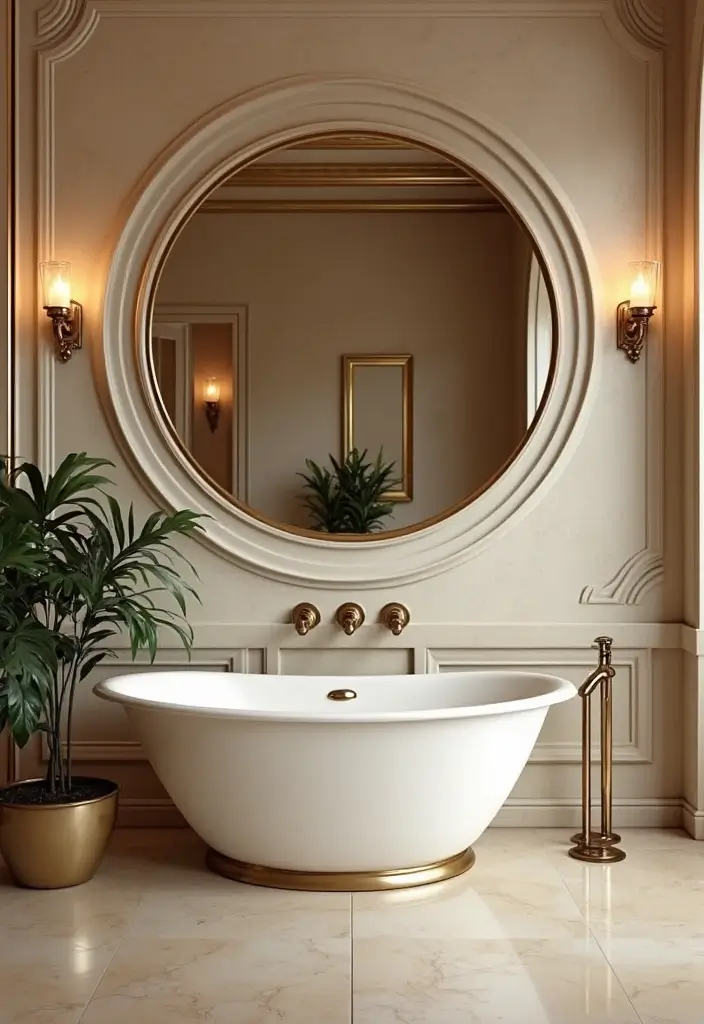 29 Bathroom Circle Mirror Designs That Feel Minimal - 27. Circular Mirror in Art Deco Style