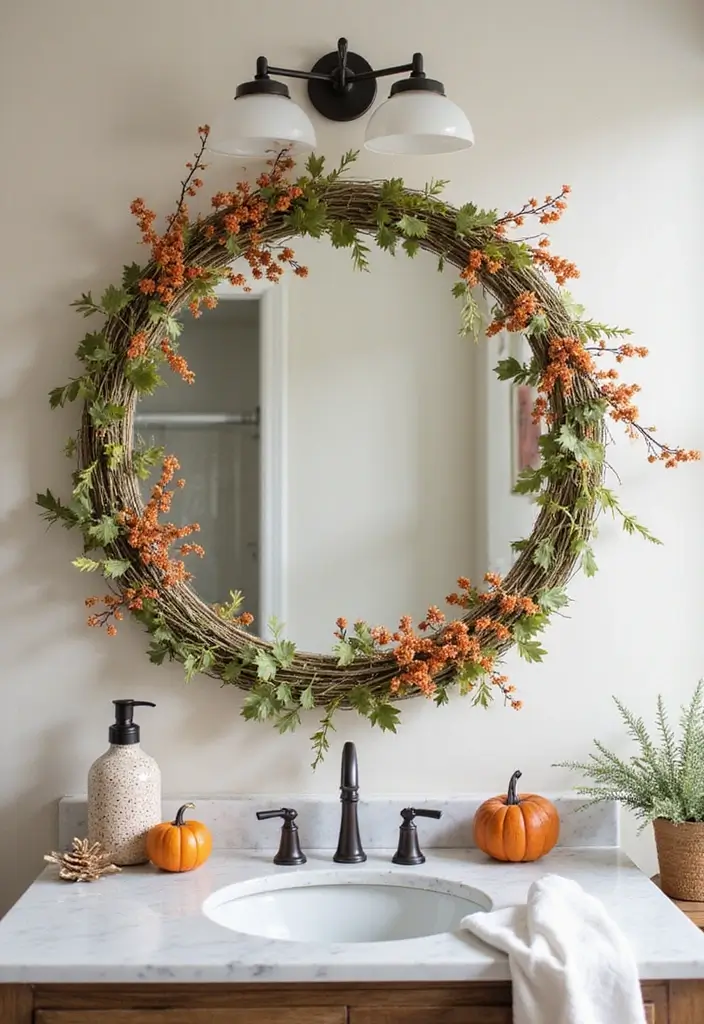 29 Bathroom Circle Mirror Designs That Feel Minimal - 29. Mirror with a Seasonal Theme