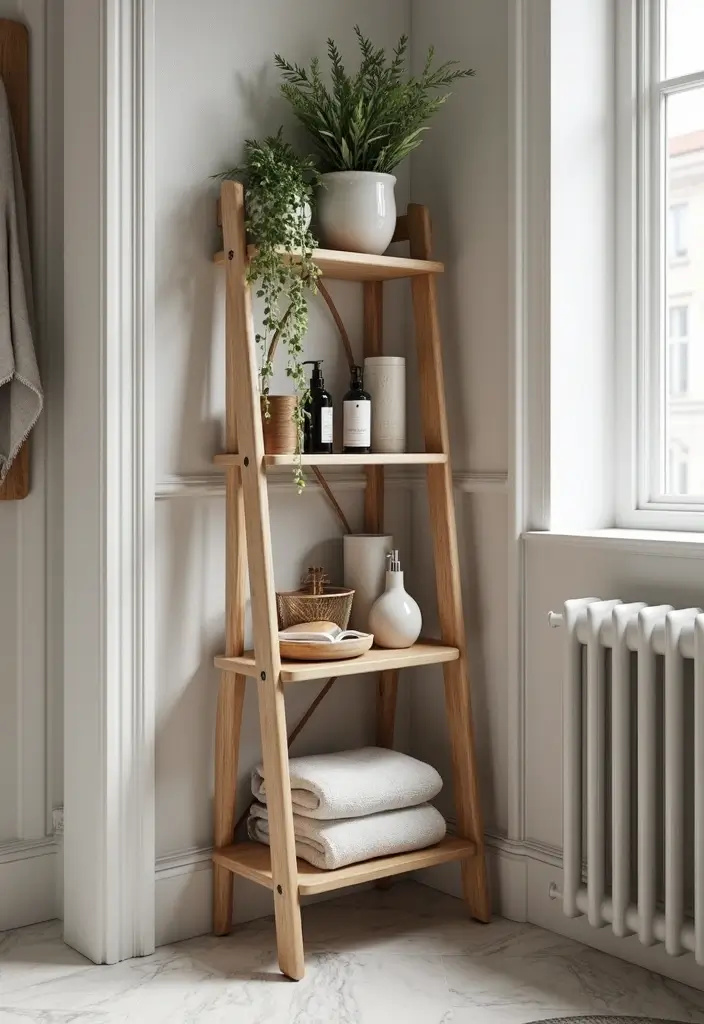 29 Bathroom Corner Decor Ideas That Utilize Every Space 12 29 Bathroom Corner Decor Ideas That Utilize Every Space - 11. A Freestanding Corner Shelf