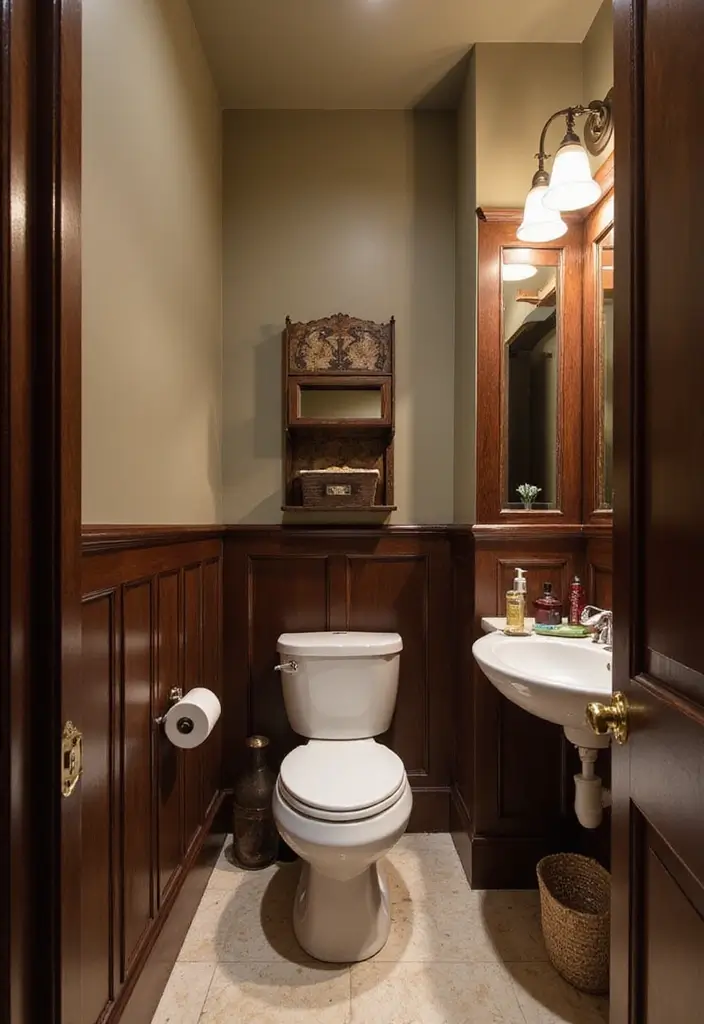 29 Bathroom Dark Wood Designs That Feel Rich and Cozy 14 29 Bathroom Dark Wood Designs That Feel Rich and Cozy - 13. Dark Wood Wainscoting