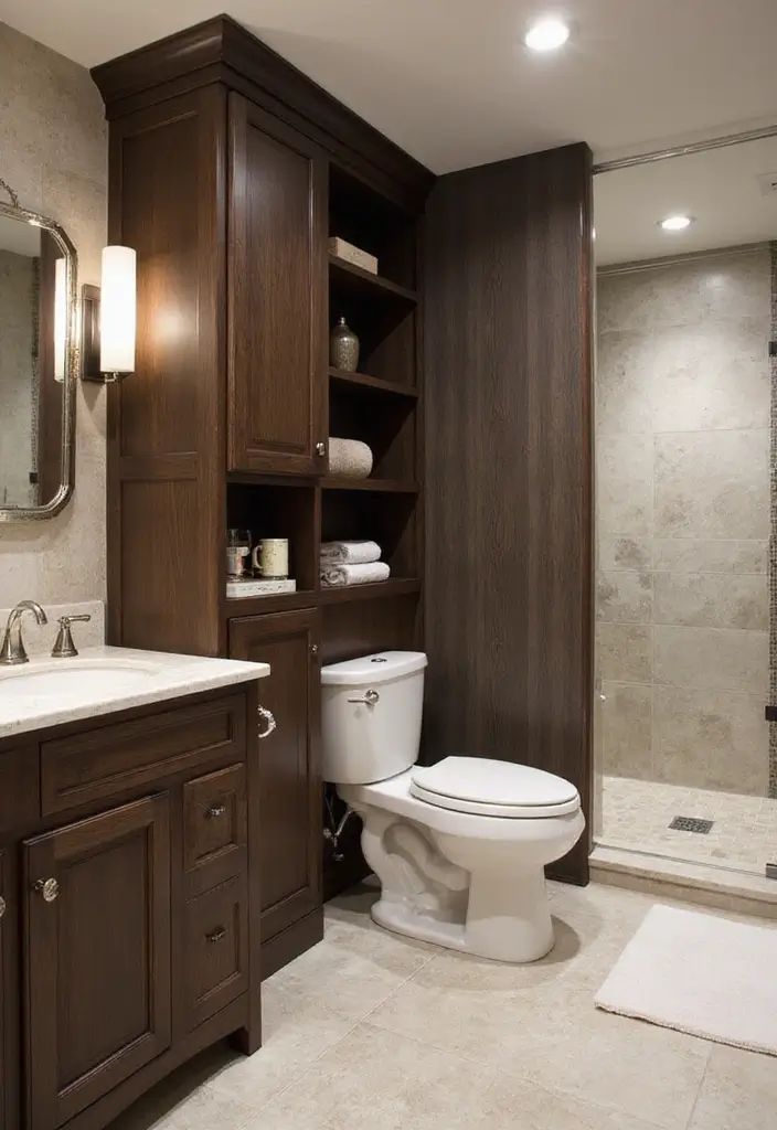 29 Bathroom Dark Wood Designs That Feel Rich and Cozy 18 29 Bathroom Dark Wood Designs That Feel Rich and Cozy - 17. Integrated Dark Wood Storage Solutions