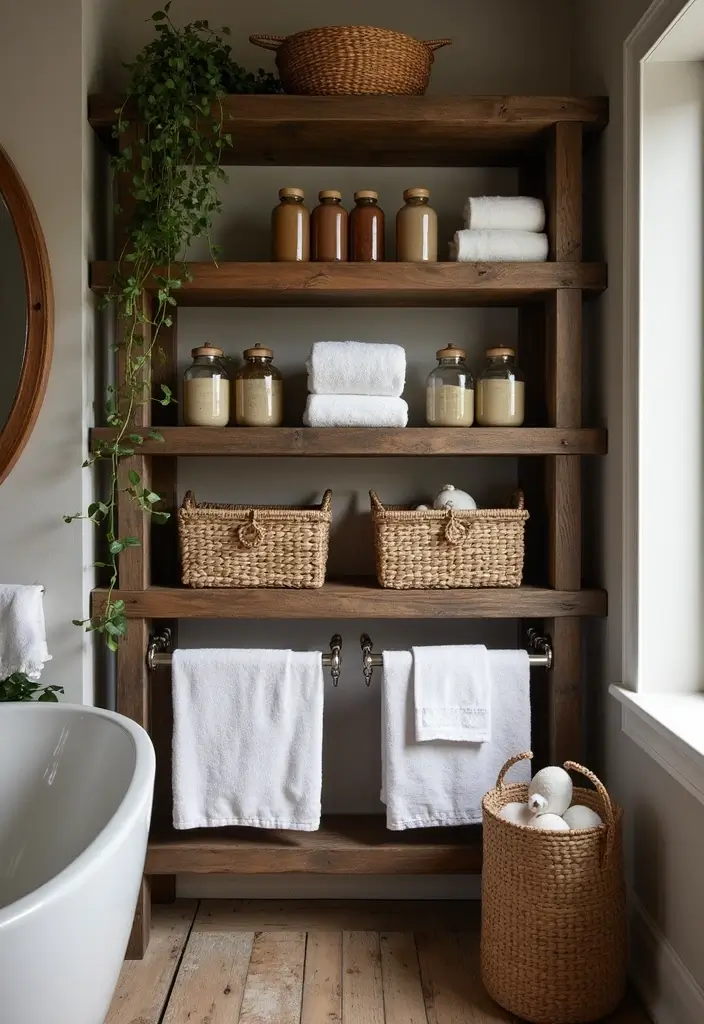29 Bathroom Dark Wood Designs That Feel Rich and Cozy 4 29 Bathroom Dark Wood Designs That Feel Rich and Cozy - 3. Rustic Dark Wood Shelving