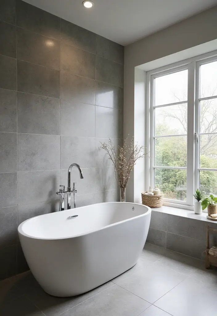 29 Bathroom Ideas Grey Tiles That Create Timeless Style 18 29 Bathroom Ideas Grey Tiles That Create Timeless Style - 17. Grey Tiles in a Freestanding Tub Space