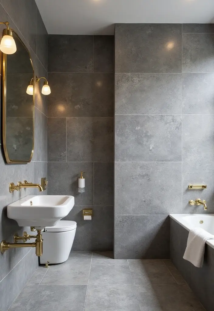 29 Bathroom Ideas Grey Tiles That Create Timeless Style 19 29 Bathroom Ideas Grey Tiles That Create Timeless Style - 18. Grey Tiles with Gold Accents